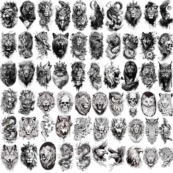 60 Sheets Temporary Tattoos Adult Black Fake Tattoos Oriental Lion Tiger Dragon Wolf unisex (60PCS ANIMAL PRINT)