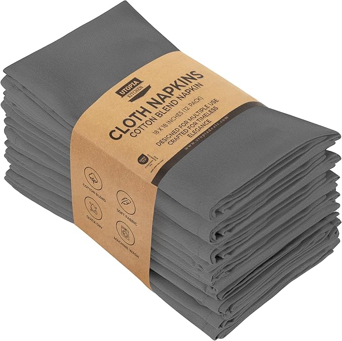 Utopia Kitchen Steel Grey Cloth Napkins [12 Pack, 18x18 Inch] Absorbent Cotton Blend Washable and Reusable for Dinner, Restaurant, Lunch, Wedding and Hotel