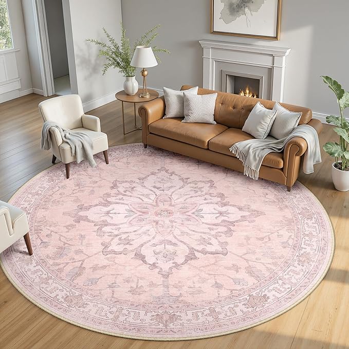Area Rugs 8ft Washable Non-Slip, Floral Vintage Distress Print Pattern Medallion Carpet for Living Room Bedroom Dining Room, Pink Greypink Cute