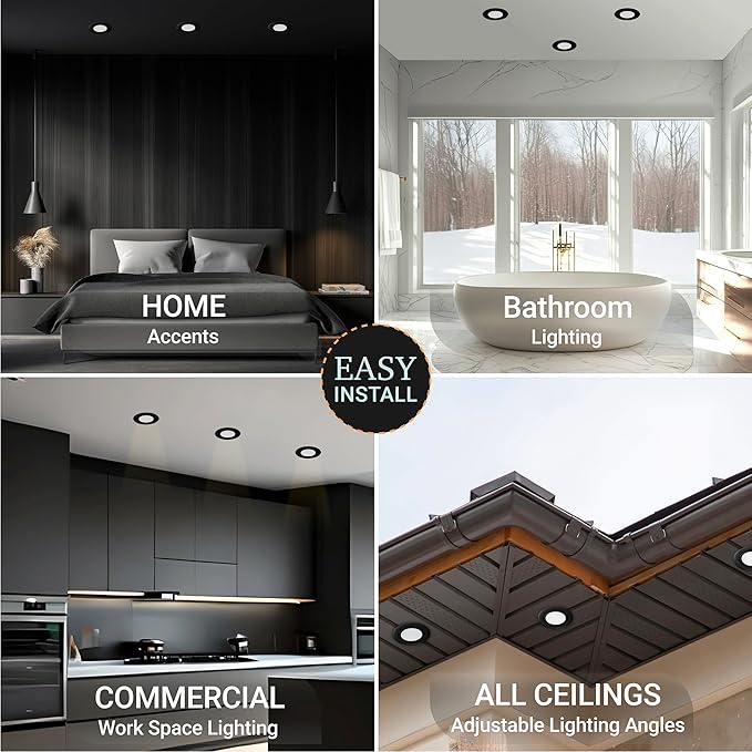 NUWATT 6 Inch Black Gimbal LED Recessed Lighting Canless Wafer Lights, 5CCT 2700K/3000K/3500K/4000K/5000K, Dimmable, 1050LM, 12W, Downlight Adjustable Recessed Swivel LED Sloped Ceiling Light, 6 Pack