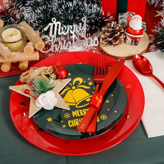 WDF 175pcs Christmas Plates Plastic Disposable - 25Green Plates 25Red Plates with Gold Bells, 75Red Plastic Silverware, 25Clear Cups Red Rim and 25Christmas Tree Napkins for Parties