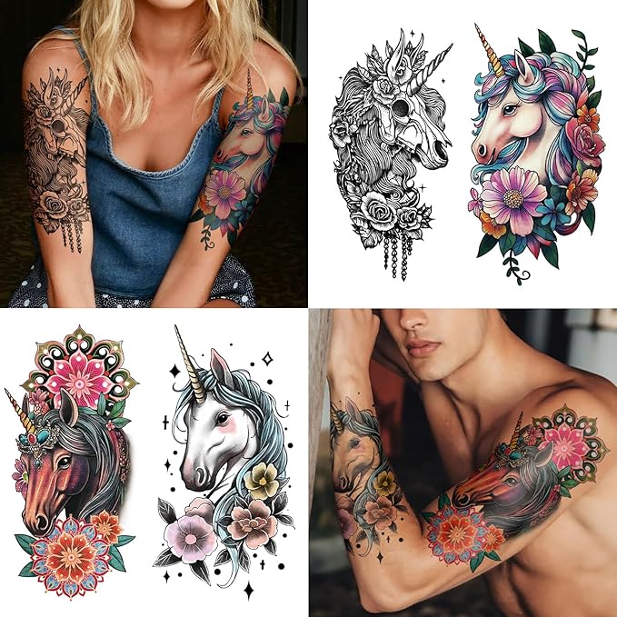77 Sheets Temporary Tattoo for Women Men, 17 Sheets Half Arm Skull Flowers Tattoos, 60 Sheets Animals Tiny for Adult Kids Body Tattoos Stickers Waterproof Realistic Halloween Costume Decorations