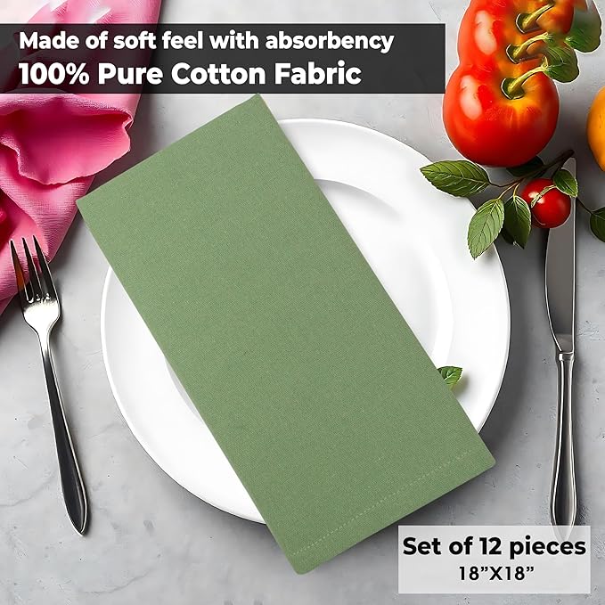 Fall Cloth Napkins Set of 12 100% Cotton Harvest Dinner Napkins 18"x18" Sage Color Highly Absorbent Soft Washable Reusable Durable Dinner Napkins Ideal for Everyday Use Thanks Giving Napkins