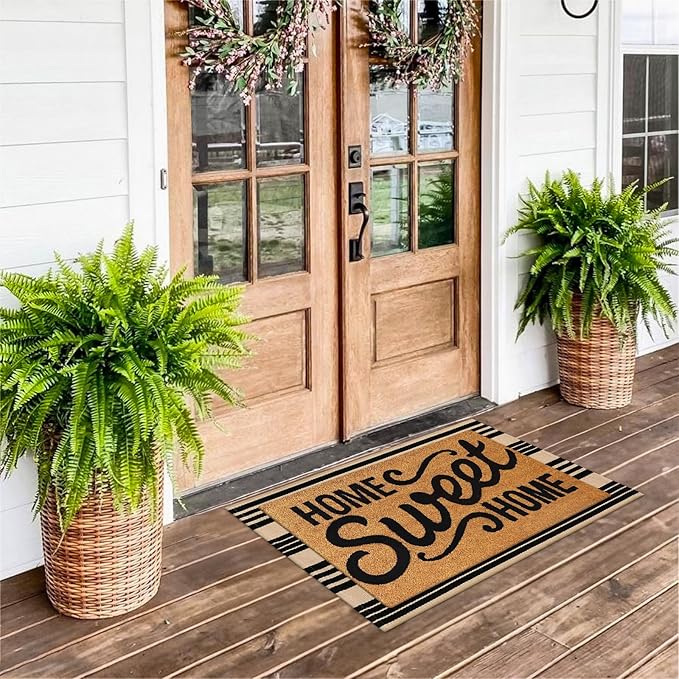 KIMODE Front Door Mats 24"x35", Striped Layered Door Mats Outdoor, Washable Farmhouse Fall Outdoor Porch Decor, Cotton Hand Woven Autumn Rugs for Entryway Kitchen Black and Khaki Thanksgiving