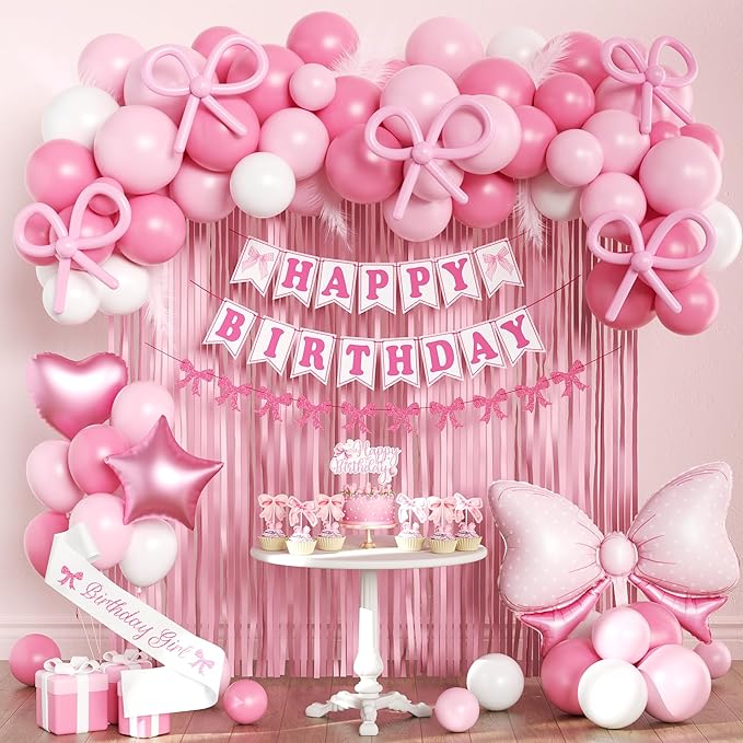 Pink Bow Birthday Party Decorations for women,Fringe Curtains Happy Birthday Banner,Pink balloons,Cake Toppers for girls