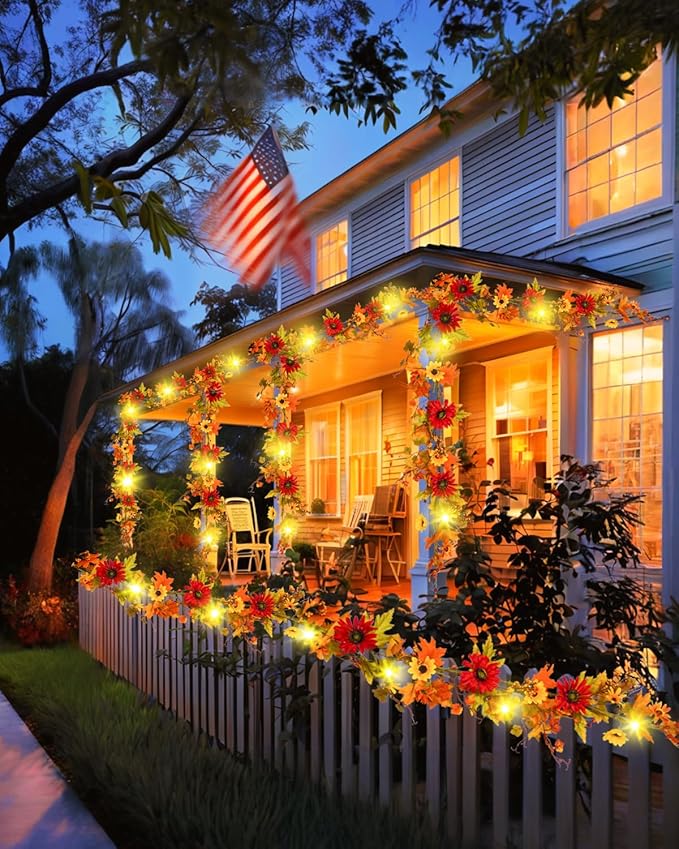 Uieke 6FT Fall Garland with Lights, Fall Maple Leaf Garland with Sunflowers Berries Fall Decor Garlands for Home Wedding Harvest Thanksgiving Mantle Fireplace Farmhouse Indoor Outdoor Decor