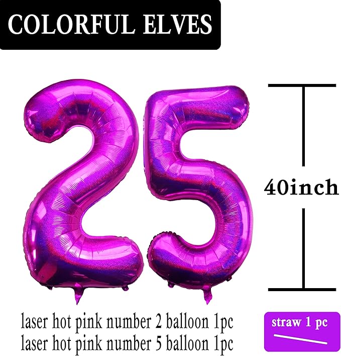 Laser Hot Pink Number 25 Balloons 40 Inch Giant Number Pink 25 Foil Mylar Balloons for 25th Birthday Anniversary Events Party Decorations