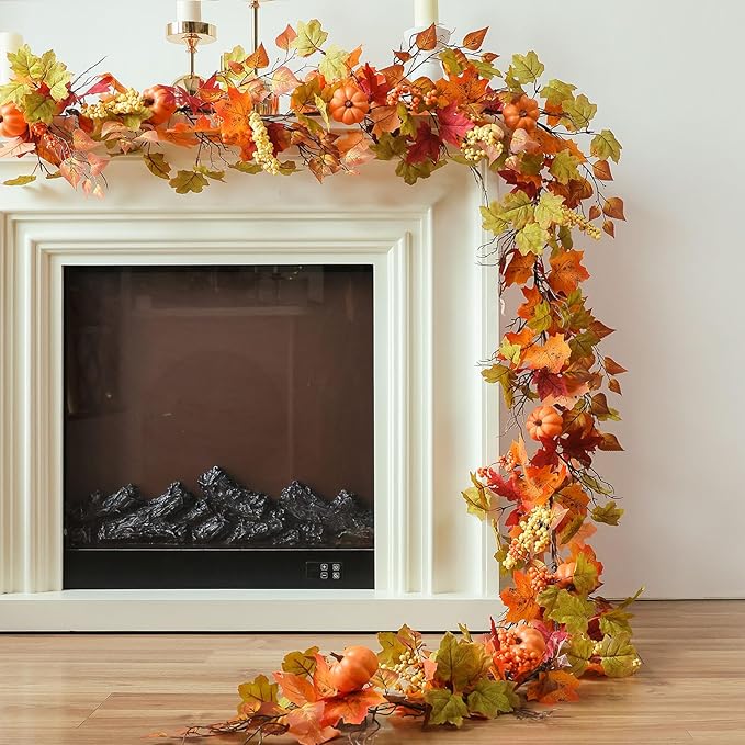 MIZII Fall Decor Artificial Maples Leaf Pumpkin Garland 10FT Autumn Maple Vines Garland Thanksgiving Halloween Harvest Decorations for Home Porch Mantle Fireplace Farmhouse Outdoor Indoor (10FT,Maple)