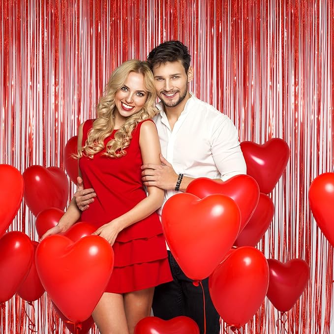 Melsan 2 Pack Red Tinsel Foil Fringe Curtains Backdrop, Sparkle Tinsel Backdrop Streamers for Christmas Valentines Veterans Birthday Party Decorations