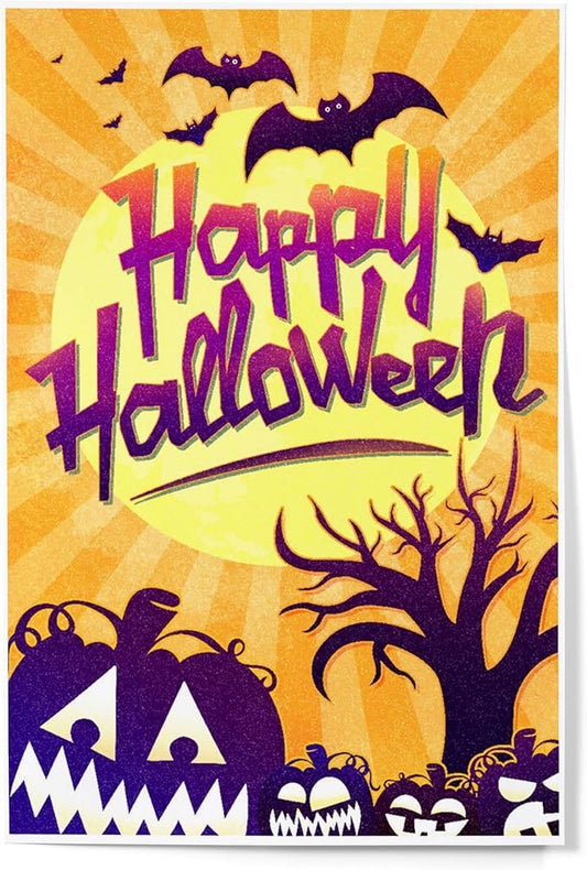 Lantern Press 12x18 Inch Art Print Wall Decor, Happy Halloween, Bats and Pumpkins