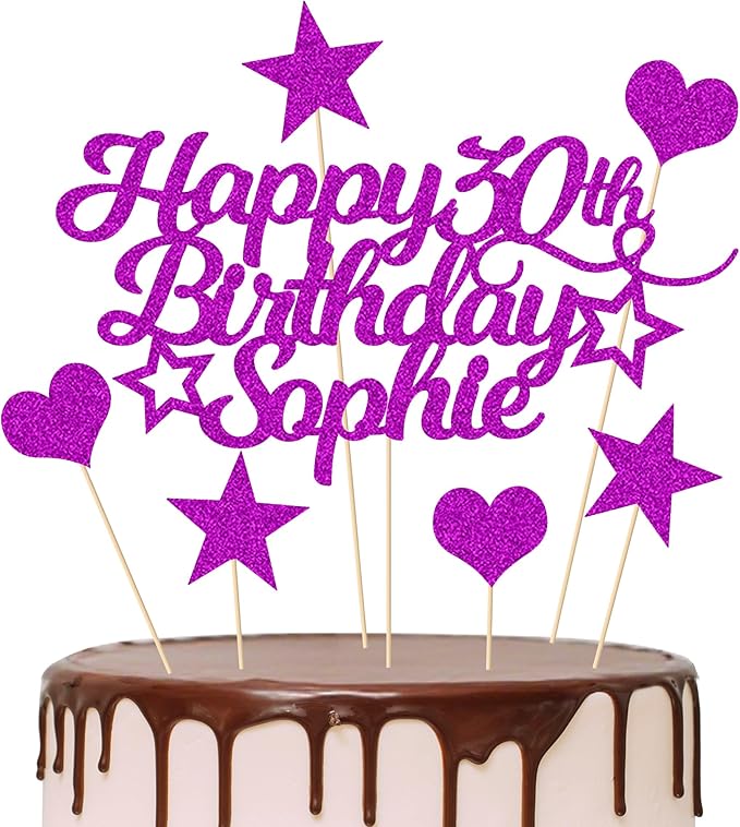 Personalized Happy Birthday Cake Topper Customized with Any Age Name Party Cake Decoration 16 18 21 40 60 Double Sided Glitter Card Purple