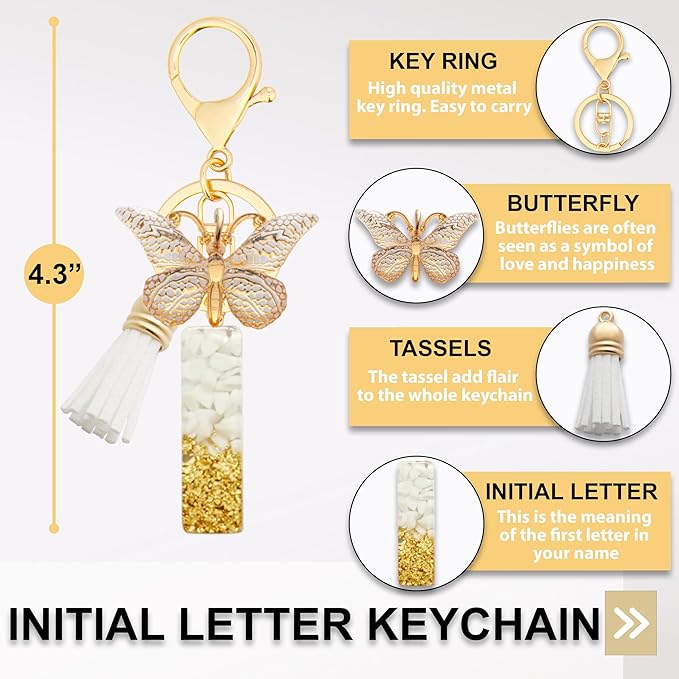 Initial Letter Keychain, Butterfly Keychain Cute Resin, Initial Keychain Backpack Charms, Key chain for Women, Girls