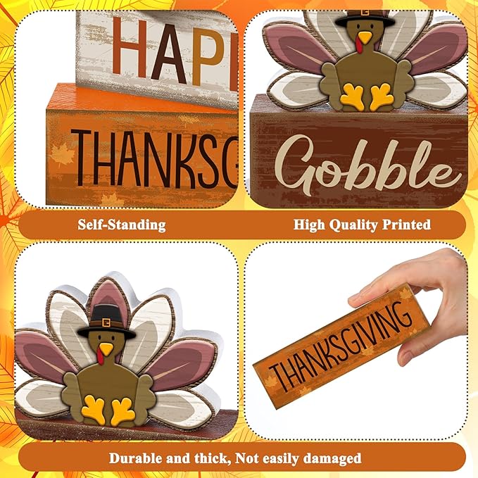 4 Pcs Thanksgiving Decorations for Home Wooden Turkey Thanksgiving Table Centerpiece Fall Tiered Tray Decor Rustic Wooden Turkey Block Sign for Autumn Harvest Party Table Kitchen Shelf