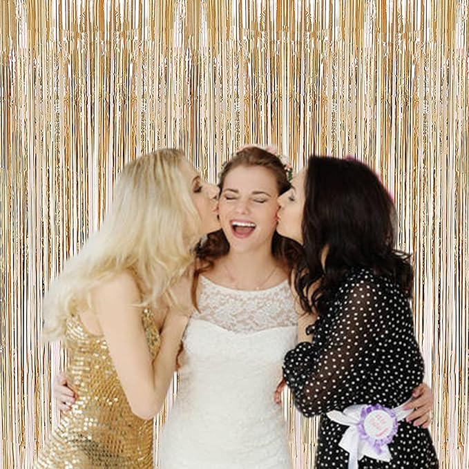 i-CHONY 2 Pcs 3.2ft x 8.2ft Champagne Gold Metallic Tinsel Foil Fringe Curtains Photo Booth Backdrop for Baby Shower Birthday Wedding Holiday Celebration Bachelorette Party Decorations