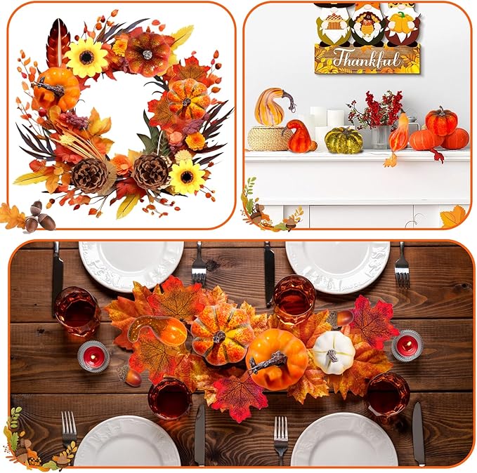 Atonofun Thanksgiving Artificial Pumpkins Fall Decorations for Home, 88 Pcs Decor- 50 Leaves, 20 Acorns, 2 Pinecones, 14 Fake Pumpkins, 2 Sunflowers, Thanksgiving Fall Harvest Home Table Centerpiece