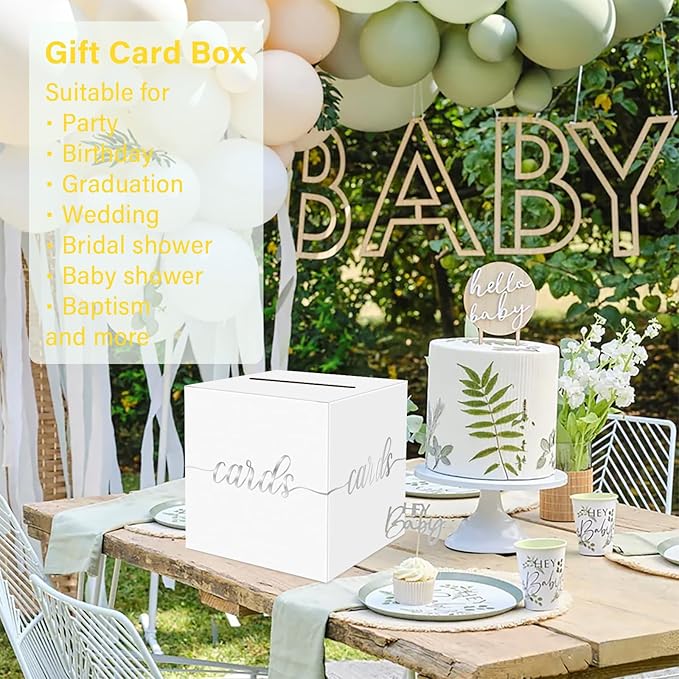 1 Pack White and Silver Foil Card Box for Party, 8.7" White Gift Card Box for Birthday, Wedding, Baby Shower, Retirement, Anniversary, Graduation, Raffle Ticket