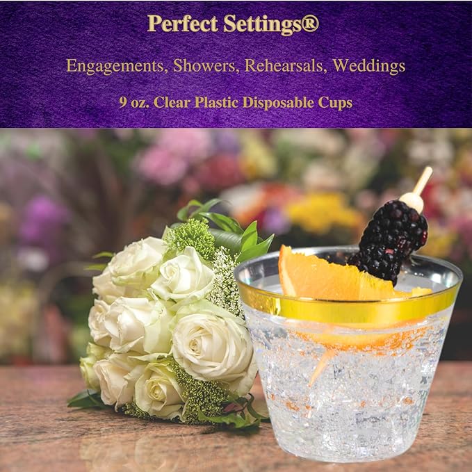 Perfect Settings 110 Gold 1 Line Clear Plastic Cups 9 Ounce- Holiday Wedding Party Elegant Trimmed Disposable Cups - Fancy Wedding Cups