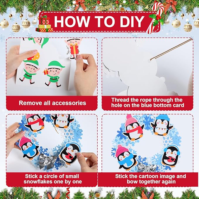 Yexiya 36 Pack Winter Wreath Craft Kits for Kids DIY Christmas Snowflake Wreath Hanging Ornaments Blue White Make Your Own Snowman Santa for Winter Xmas Party Favors Activities Decoration