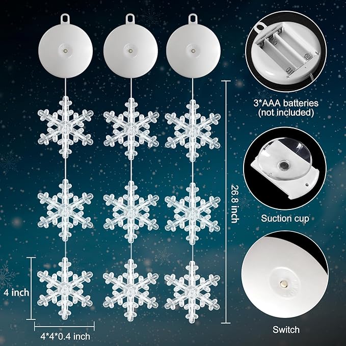 3Pack Christmas Window Lights Decorations with Timer, Battery Powered Christmas Hanging White Lighted Snowflake Shaped LED Sucker String for Xmas Tree Fireplace Indoor Decor