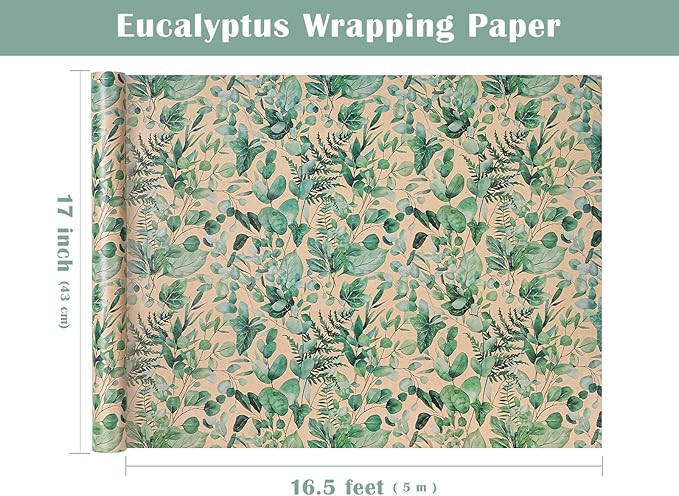 WRAPAHOLIC Kraft Eucalyptus Leaves Wrapping Paper Roll - Mini Roll - 17 Inch x 16.5 Feet - Greenery Wrapping Paper Perfect for Birthday, Wedding, Bridal Shower