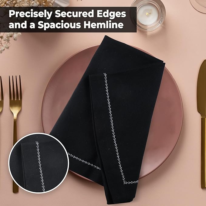 Urban Villa Cloth Napkin Set of 6 Hemstitch Black White 20x20 Inches Premium Soft Cotton Highly Absorbent Reusable & Washable Dinner Table Napkins for Home and Weddings