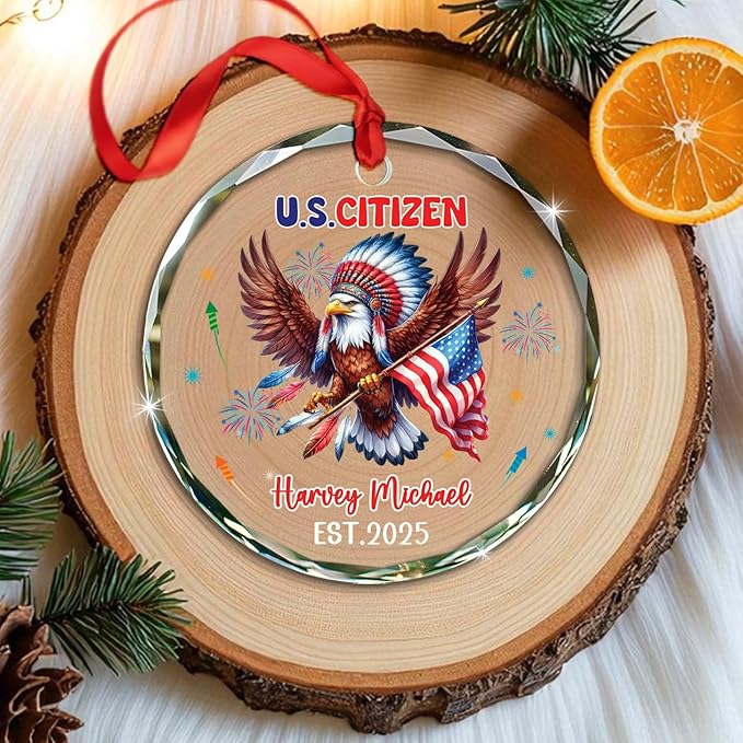 U.S. Citizen Eagle Glass Ornament Gift for Congratulations US Citizenship, Personalized New American Citizen Xmas Ornament 2025, Custom Citizens Decor Ornaments Gift for Immigrants Naturalization