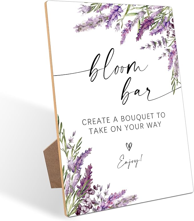 Bloom Bar Sign, Lavender Bridal Shower Decorations, Wedding Reception Table Decorations, Engagement Party Decor, Purple Floral Wooden Sign with Stand for Wedding Reception And Bridal Party Decor, 18