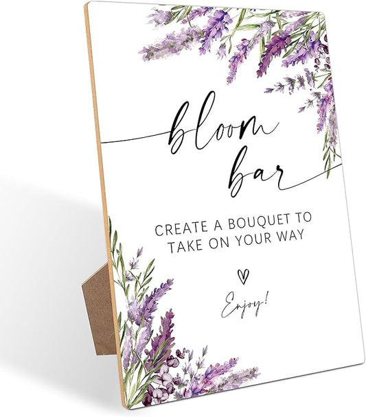 Bloom Bar Sign, Lavender Bridal Shower Decorations, Wedding Reception Table Decorations, Engagement Party Decor, Purple Floral Wooden Sign with Stand for Wedding Reception And Bridal Party Decor, 18