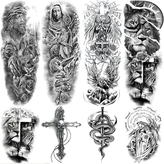 Christian Cross Temporary Tattoo Sleeve for Men, 4-Sheet Full Arm Large Religious God Jesus Fake Tattoo Sleeve Women Adult and 4-Sheet Realistic Lion Cross Christ Pray Half Temp Tatoo Sticker Leg Body