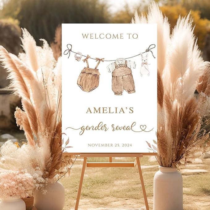 Baby Gender Reveal Welcome Sign, Rustic Boho Vintage Clothesline Sign