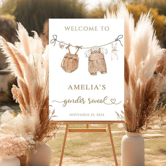 Baby Gender Reveal Welcome Sign, Rustic Boho Vintage Clothesline Sign