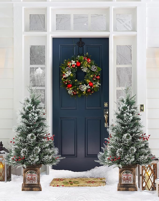 3 ft Prelit Premium Snow Flocked Artificial Christmas Tree with 8 Mode Warm White Led, Mini Prelit Xmas Pine Tree for Christmas Decoration,Yard,Home,Office,Outdoor,Indoor, Gingerman Rusty Base 2 Pack