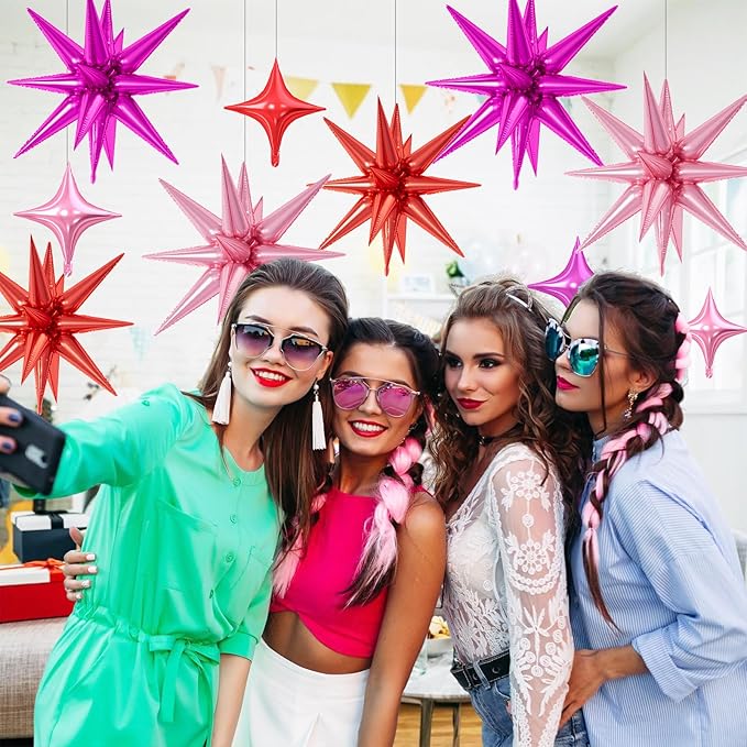18 Pcs Red Pink Star Balloons, Pink and Red Balloon with 6 Pcs 22-Inch Explosion Star Balloons 12Pcs 10-Inch Four Pointed Stars Foil Balloon for Valentine's Anniversary Birthday Party Decoration
