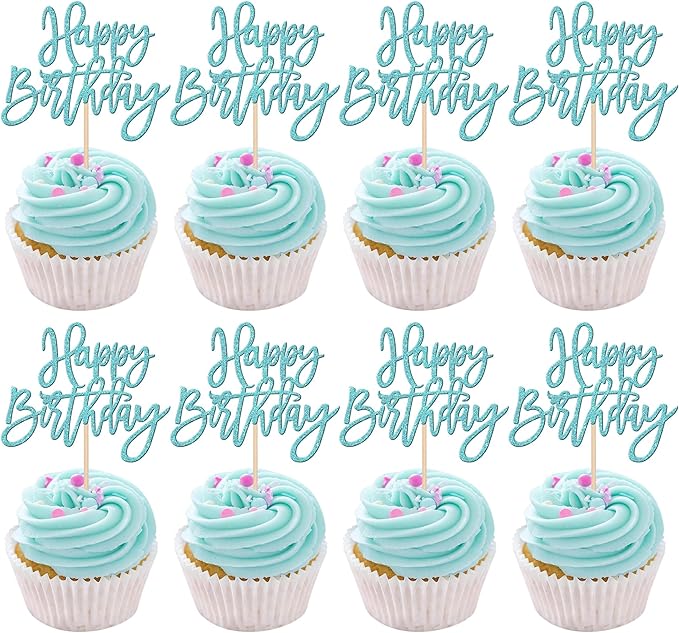 24 PCS Happy Birthday Cupcake Toppers Glitter Picks for Celebrating Anniversary Theme Party Cake Decorations Supplies Light Blue
