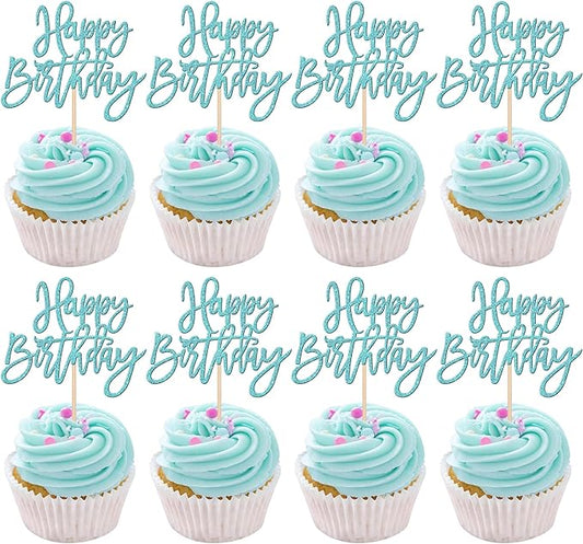 24 PCS Happy Birthday Cupcake Toppers Glitter Picks for Celebrating Anniversary Theme Party Cake Decorations Supplies Light Blue