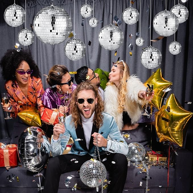 Hoolerry 200 Pcs Mini Mirror Disco Ball Ornaments Mardi Gras Small Silver Hanging Decorations Reflective Tiny Balls Bulk for 70s 80s 90s Disco Party, Christmas Tree(6'', 4'', 3'', 2.4'', 1.6'', 0.8'')