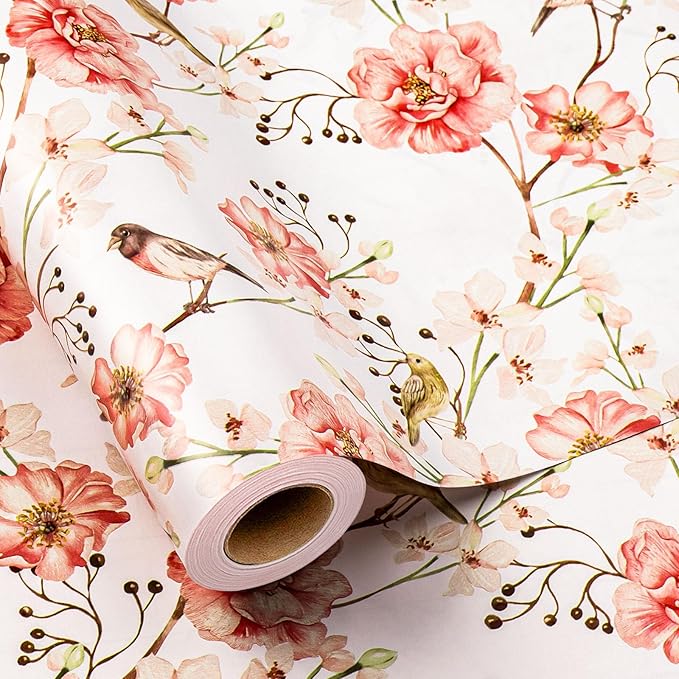 MIMUTI Watercolor Floral Wrapping Paper - Mini Roll - 17 Inch x 33 Feet - Red Gift Wrap with Flower and Bird Design for Girls, Wedding, Mother’s Day, Birthday, Valentine’s Day