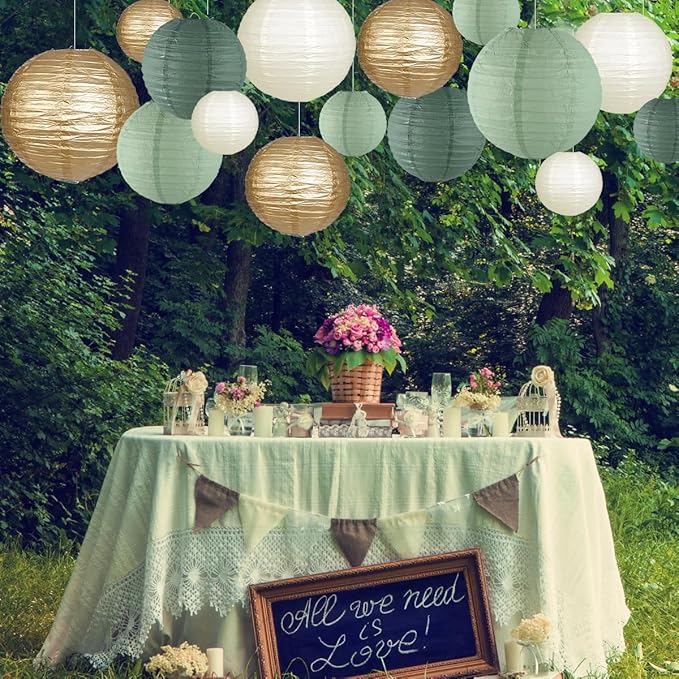 Paper Lanterns Decorative, Round Hanging Paper Lanterns Decorations for Rustic Party Bridal Shower Wedding Sage Green Birthday Party Supplies Gold/Ivory/Sage Green 15pcs