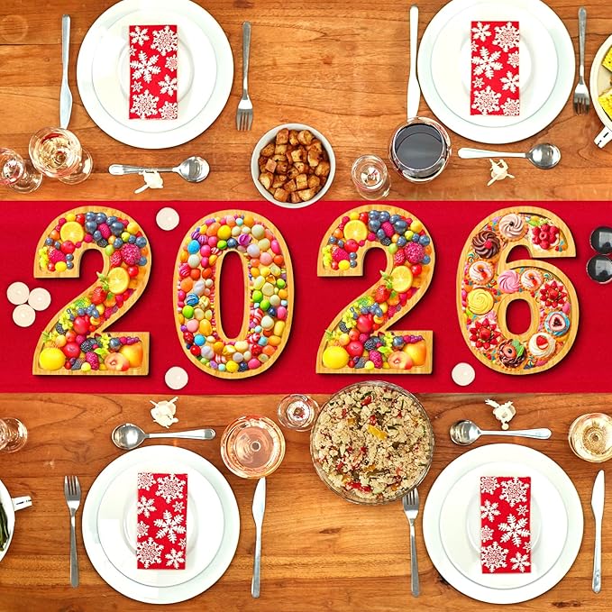 4 PCS 2026 Charcuterie Boards Wooden Numbers Fillable Boxes Reusable Christmas Serving Tray for Party Tabletop Decoration Fruits Platters Dish Plates for Birthday Wedding 2026 New Year Holiday Supply