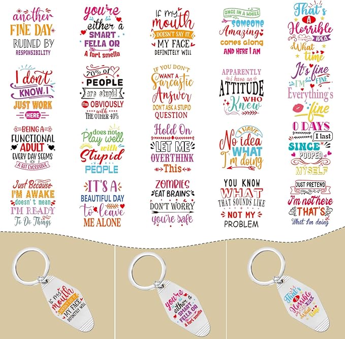 Sarcastic UV DTF Wrap Stickers - 80 Sheets Funny UVDTF Decals for Motel Keychain, Humorous Rub on Transfer Stickers, DIY Hotel Keychain Blank Personalized Crafts