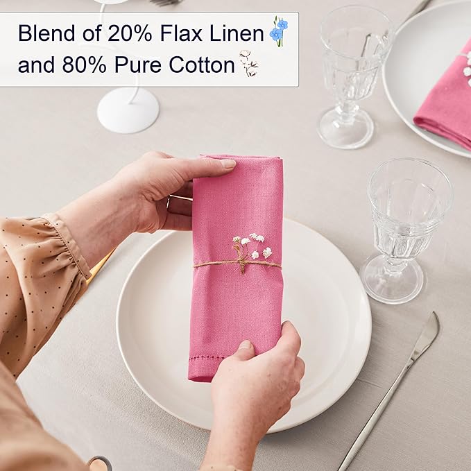 Ruvanti Premium Linen Napkins Set of 6-20x20 Inch, Classic Hemstitch, Mitered Corner Cloth Napkins ‎‎- Soft, Elegant Dinner Napkins Cloth Washable for Weddings, Parties, Everyday Use - Pink