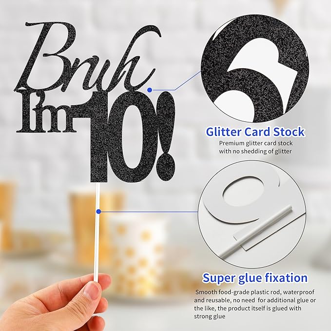 Bruh I'm 10 Cake Topper - Black Glitter Happy 10th Birthday Decorations for Boys Teens, Funny 10 Year Old Party Supplies, Bro I'm 10 Cake Decor (Bruh I'm 10！, 10th black)