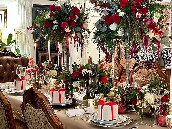 Roses Artificial Flowers Red Bouquet Box Set Fake Flower for DIY Bridal Wedding Shower Decorations Centerpieces for Table Faux Silk Floral Arrangement for Party Home Decor Indoor Burgundy