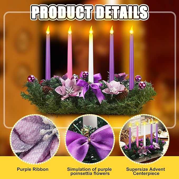 Tioncy 12 Inch Christmas Advent Wreath Candle Holder with 5 Flameless Candles Remote Control Wreaths Holder Centerpiece Decoration with Berries(Purple Poinsettia,11 x 0.8 x 0.8 in)