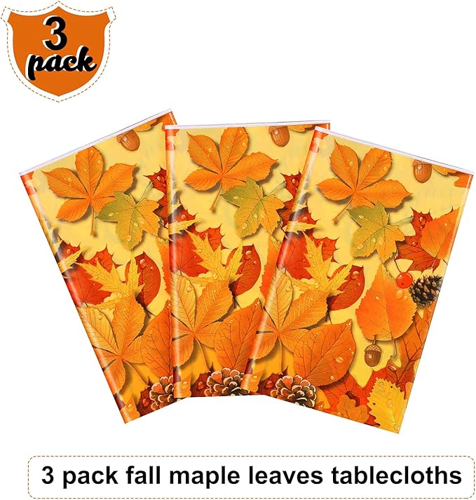 Fall Maple Leaves Tablecloth Thanksgiving Fall Party Table Cover Autumn Maple Leaves Table Cover Fall Plastic Table Decoration for Harvest Festival Party Dinner Home Table Supplies Decor (3 Pieces)