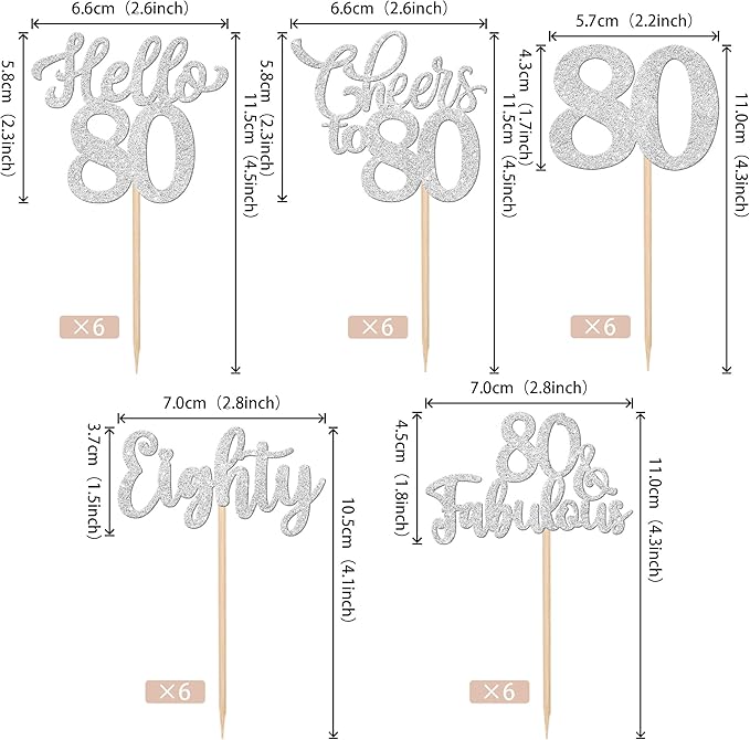 30PCS Happy 80th Birthday Cupcake Toppers Glitter Eighty Cheers to 80 Years Old Birthday Cupcake Picks Hello 80 Fabulous Cake Decorations for Happy 80th Birthday Anniversary Party Supplies Silver