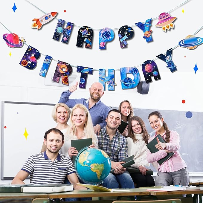 SUNBEAUTY Universe Outer Space Theme Birthday Banner Galaxy Happy Birthday Party Decoration Space Birthday Decorations Solar System Decoration | Pre-Strung