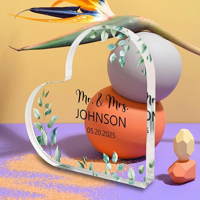 Custom Wedding Heart Acrylic Plaque,Mr & Mrs Cake Topper,Personalized Wedding Keepsake/Gift/Sign (Style 2)