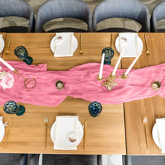 Cheesecloth Table Runner 3 Pack – 35x120 Inch (10ft) Boho Rustic Gauze Cloth Runners – Crinkle Polyester Table Decor for Wedding, Baby Shower, Bridal Shower, Birthday Party and More (Pink)