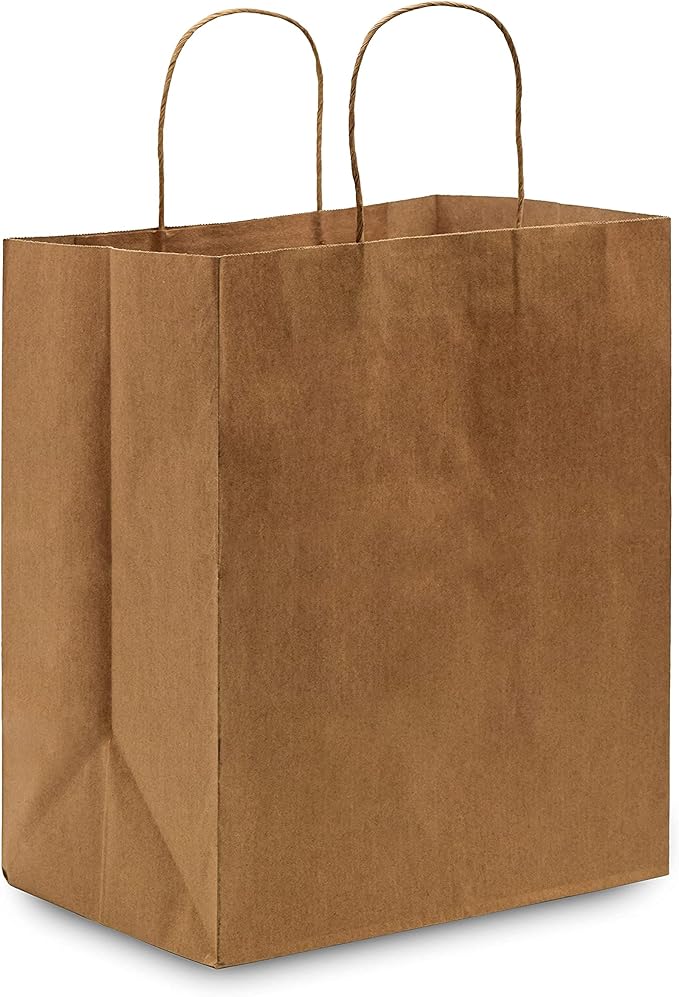 Prime Line Packaging Brown Paper Bags, Medium Shopping Bags with Handles for Small Business, To Go Food, Grocery, Retail, Party Favors, 10x6.75x12, 100 Pack